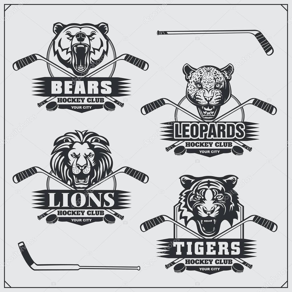 Hockey badges, labels and design elements. Sport club emblems with bear, lion, tiger and leopard. Vector.