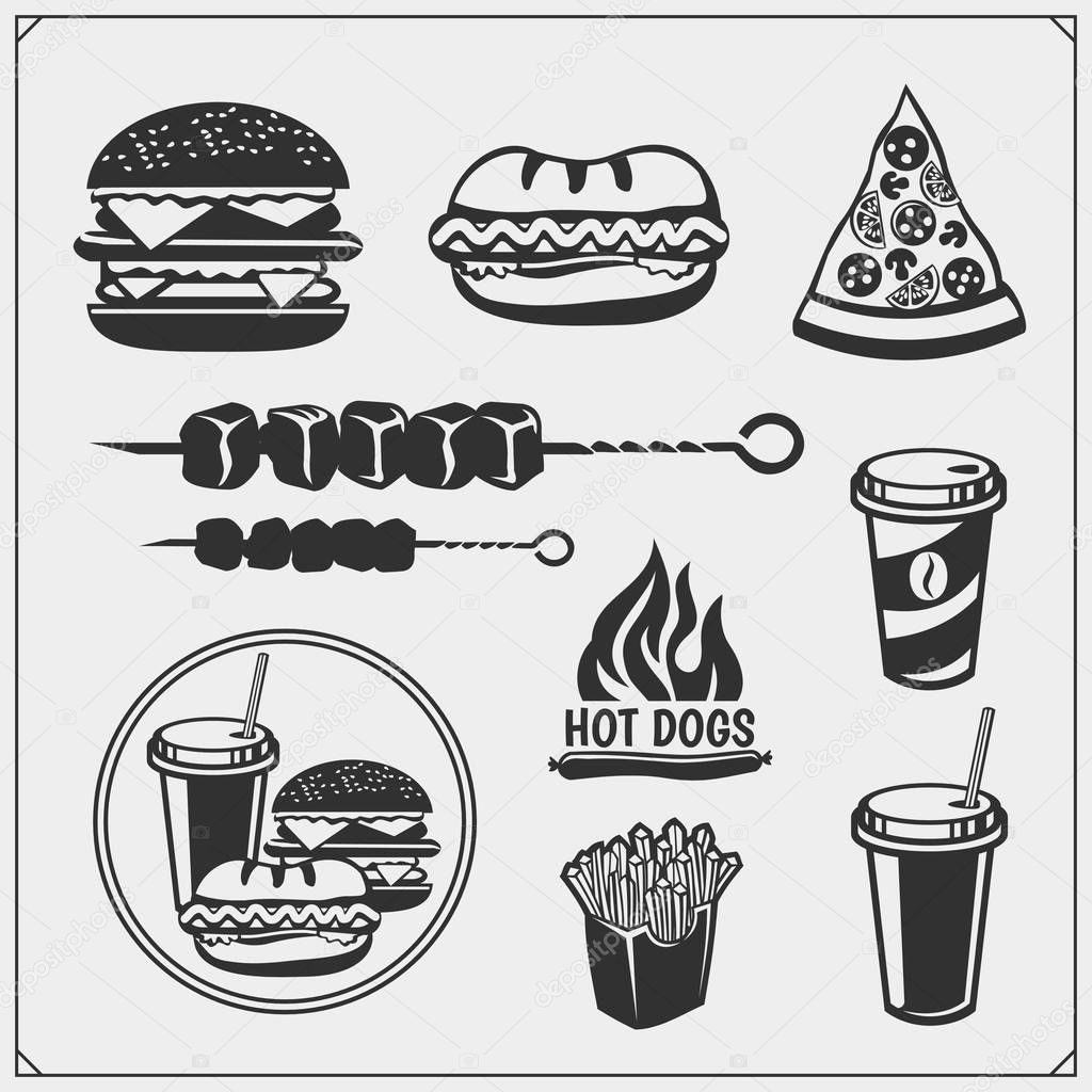 Fast food and BBQ grill labels, emblems and design elements. Burgers, pizza, hot dog and fries. 