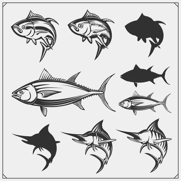 Illustrazioni vettoriali di Tonno e Marlin. Design monocromatico . — Vettoriale Stock