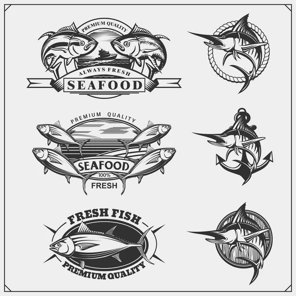 Fishing labels, badges, emblems and design elements. Illustrations of Tuna and Marlin. — Stock Vector