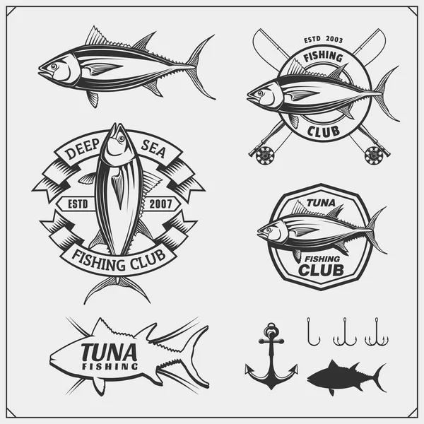Etichette da pesca, distintivi, emblemi ed elementi di design. Illustrazioni di tonno . — Vettoriale Stock