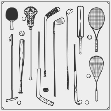 Spor donatımı kümesi. Polo, ping pong, Lakros, beyzbol, kriket, golf, kabak, hokey ve Tenis.