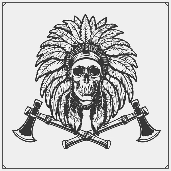 Embleem met American Indian chief schedel. — Stockvector