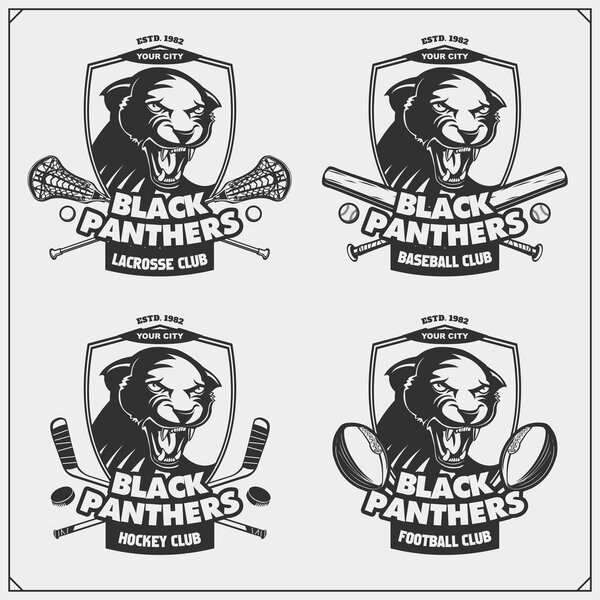 Футбол, лакросс, бейсбол и хоккей логотипы и этикетки. Эмблемы спортивных клубов с пантерой
.