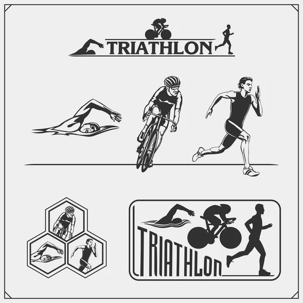 Triatlon etiketleri, amblemler rozetleri ve tasarım öğeleri kümesi. Yüzme, Bisiklet ve çalışan.