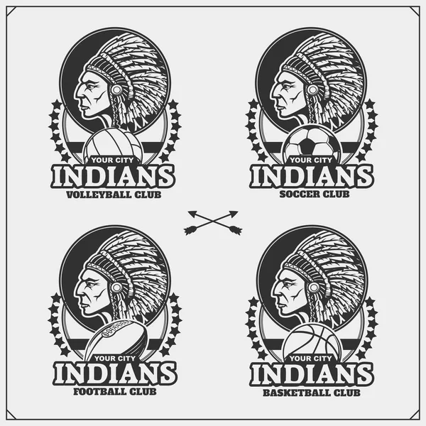 バレーボール、野球、サッカーとサッカーのロゴ、ラベル。インディアンの酋長とスポーツ クラブのエンブレム. — ストックベクタ