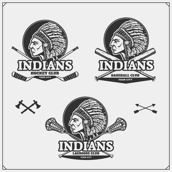 ラクロス、野球、ホッケーのロゴとラベル。インディアンの酋長とスポーツ クラブのエンブレム. — ストックベクタ