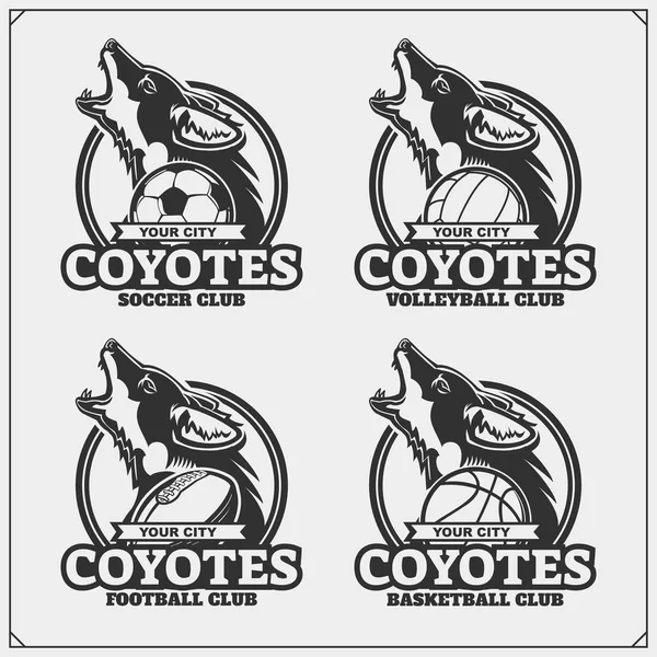Logotipos y etiquetas de voleibol, béisbol, fútbol y fútbol. Emblemas del club deportivo con coyote . — Vector de stock