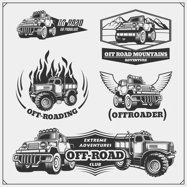 Conjunto de off-road suv car rótulos, emblemas e elementos de design. Símbolos do Safari . —  Vetores de Stock