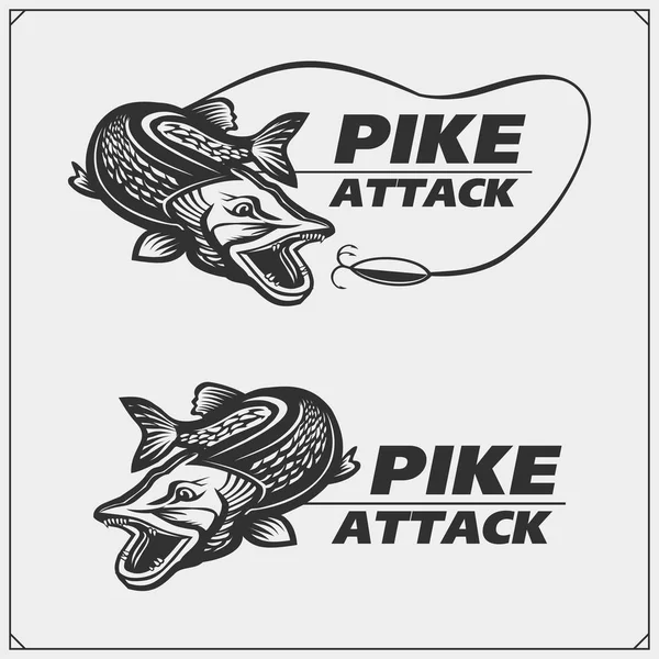 Fishing labels and emblems with a pike. — Stock Vector