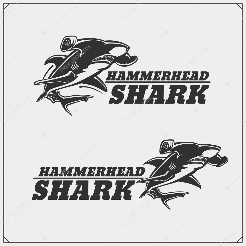 The emblems with hammerhead shark for a sport team. Vector.