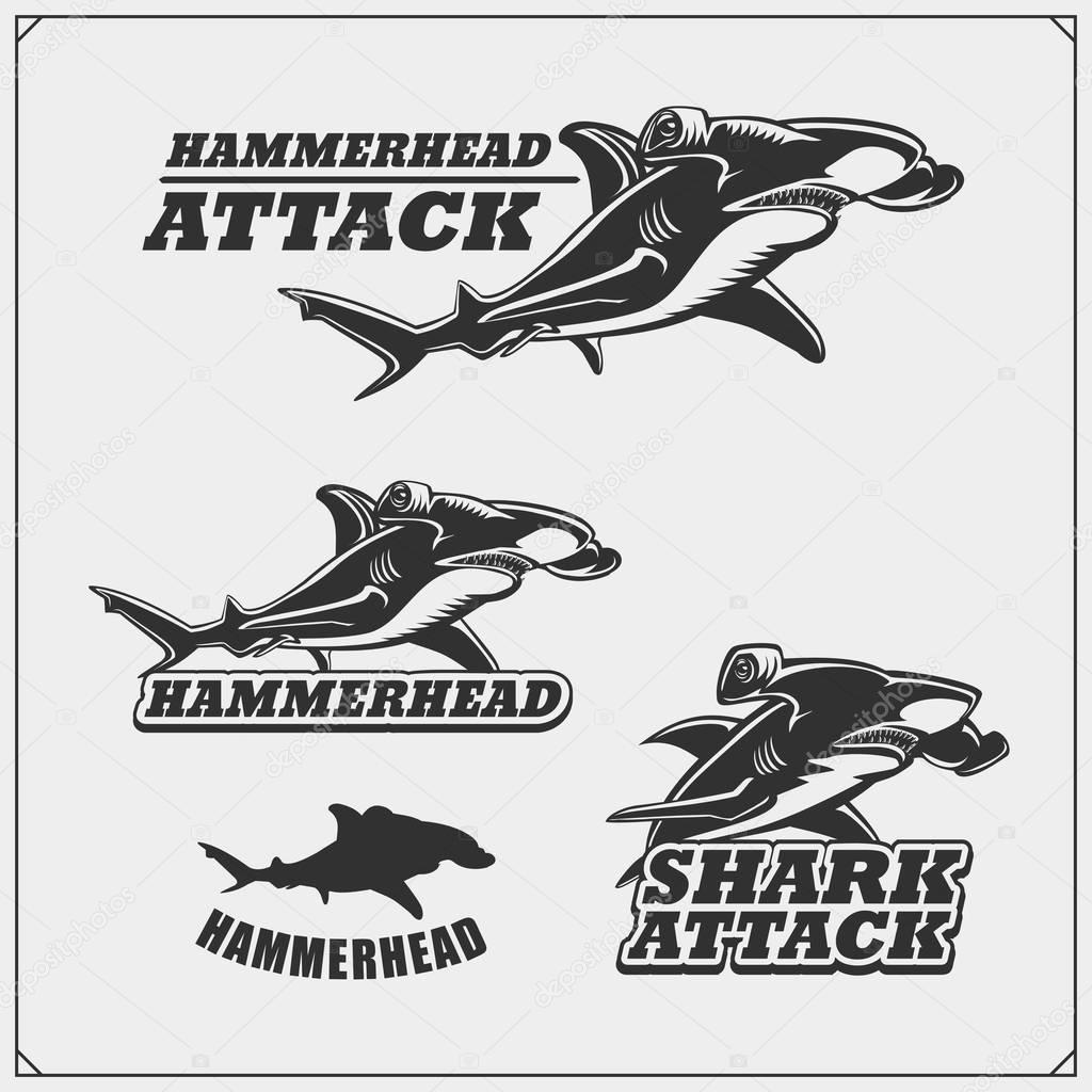 The emblems with hammerhead shark for a sport team. Vector.