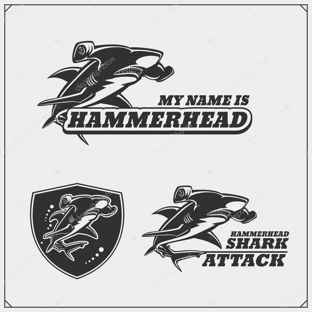 The emblems with hammerhead shark for a sport team. Vector.