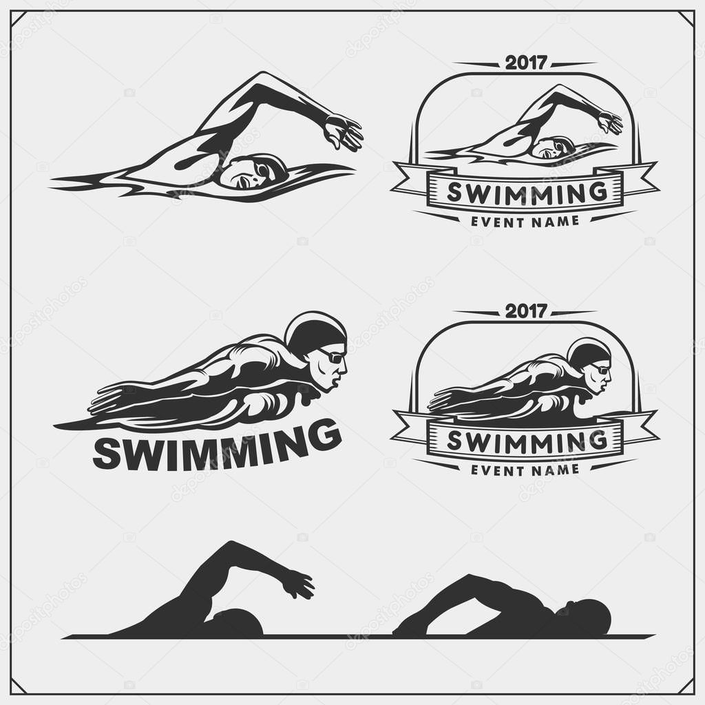 Set of swimming emblems, labels and design elements. 