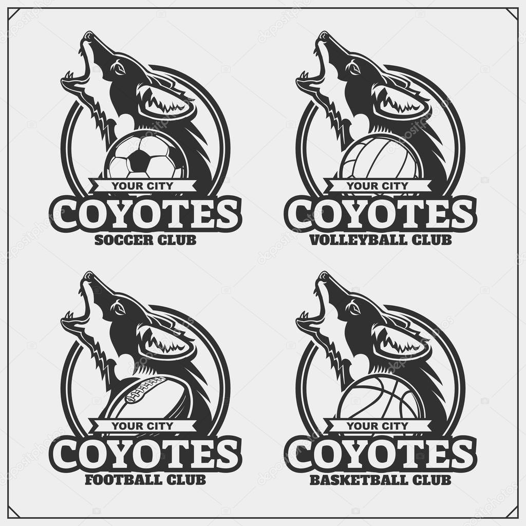 Volleyball, baseball, soccer and football logos and labels. Sport club emblems with coyote. Vector.