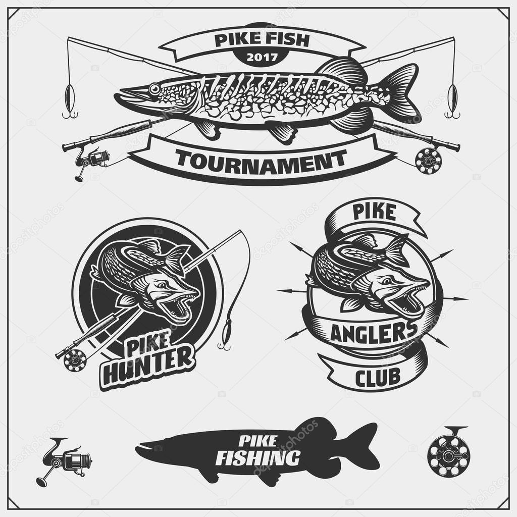 Set af fishing labels with a pike and fishing tackle. Fishing emblems and design elements. 