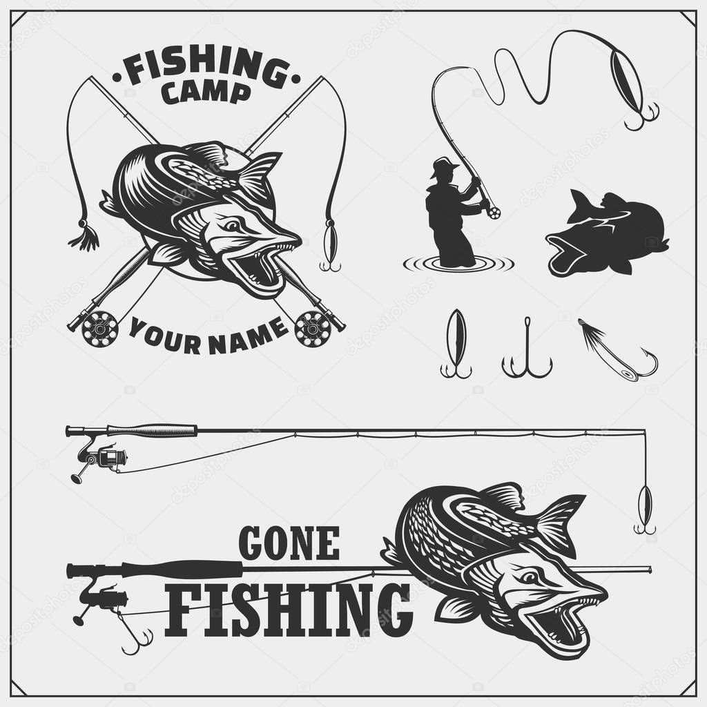 Set af fishing labels with a pike and fishing tackle. Fishing emblems and design elements. 