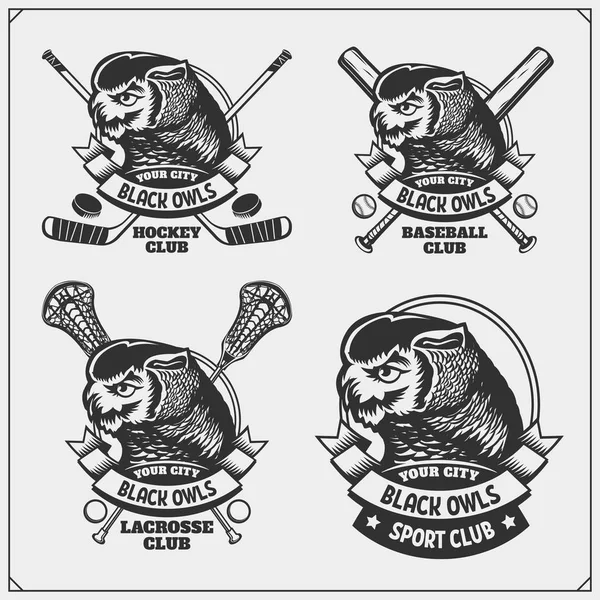 Logotipos y etiquetas de lacrosse, béisbol y hockey. Emblemas del club deportivo con búho . — Vector de stock