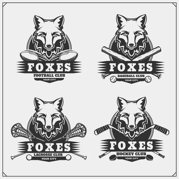 Logotipos y etiquetas de fútbol, lacrosse, béisbol y hockey. emblemas del club deportivo con zorro . — Archivo Imágenes Vectoriales