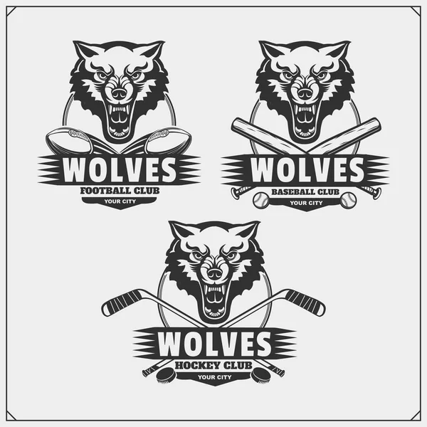 Logos et étiquettes de football, de baseball et de hockey. Emblèmes de club sportif avec loup . — Image vectorielle