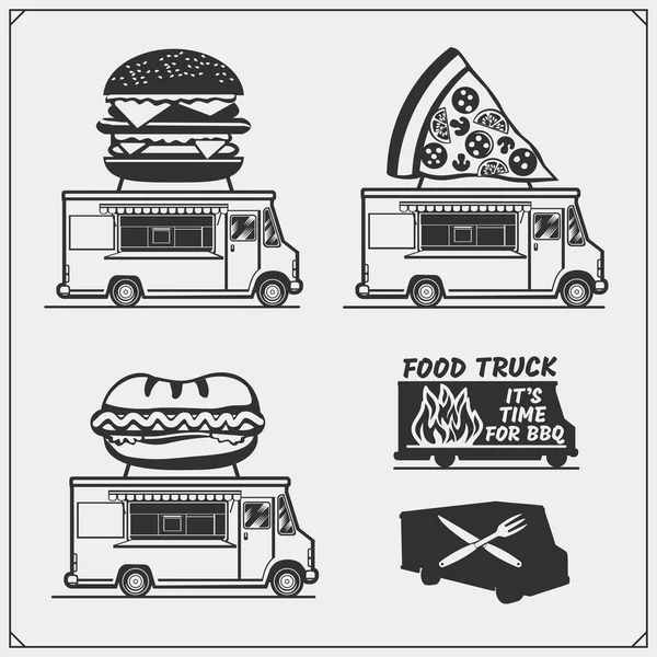 Comida camión calle festival emblemas, insignias, logotipos y elementos de diseño . — Vector de stock