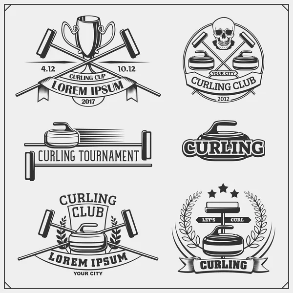 Etiketler, amblem ve tasarım öğeleri curling kümesi. — Stok Vektör