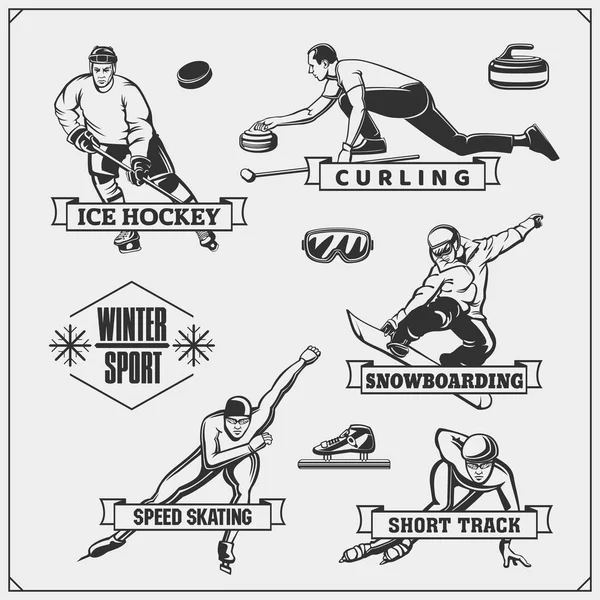 Et van wintersport emblemen. Curling, korte ijshockey, snowboarden, schaatsen, baan. — Stockvector