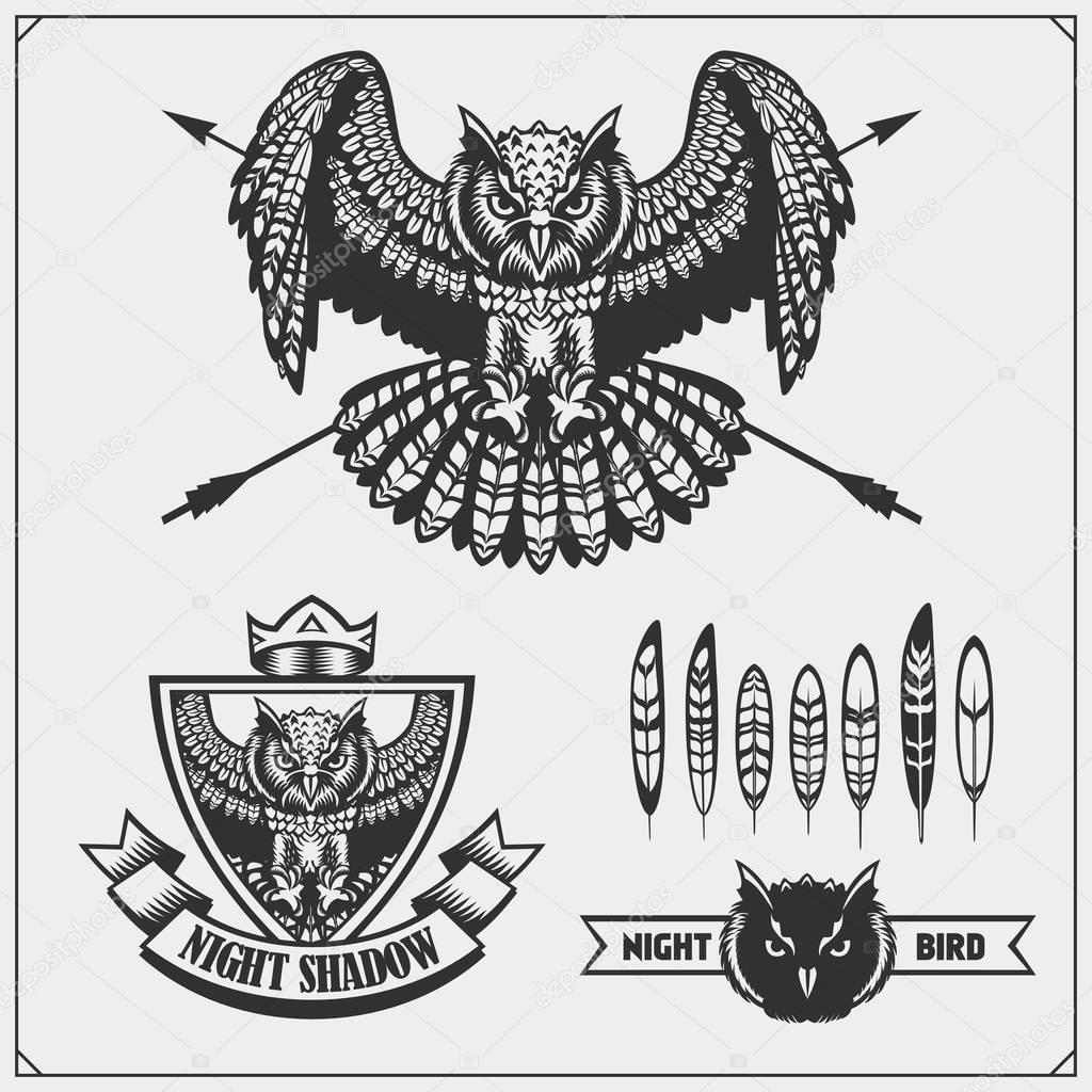 The emblems with owl with open wings. Vector.