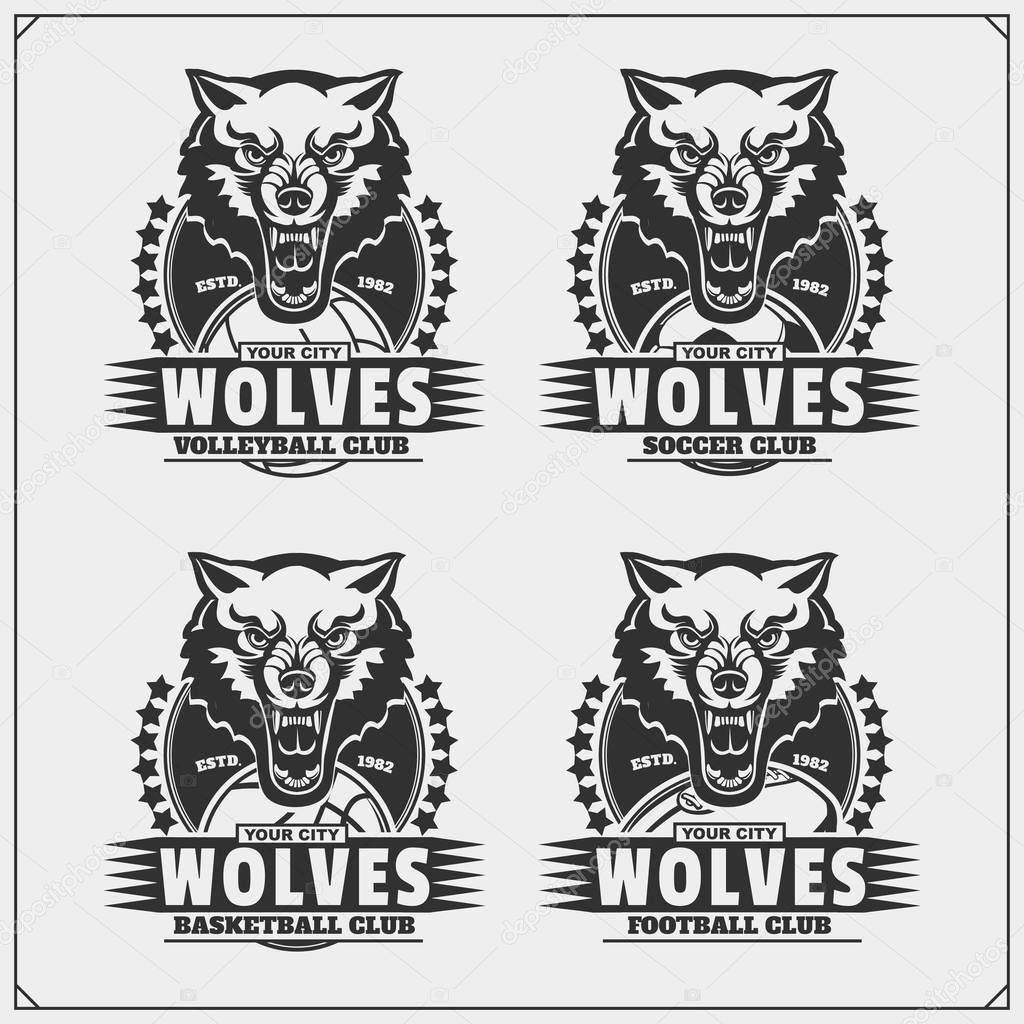 Volleyball, baseball, soccer and football logos and labels. Sport club emblems with wolf. Vector.