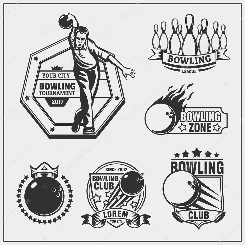 Set of bowling icons, emblems, labels, badges and design elements. Vector.