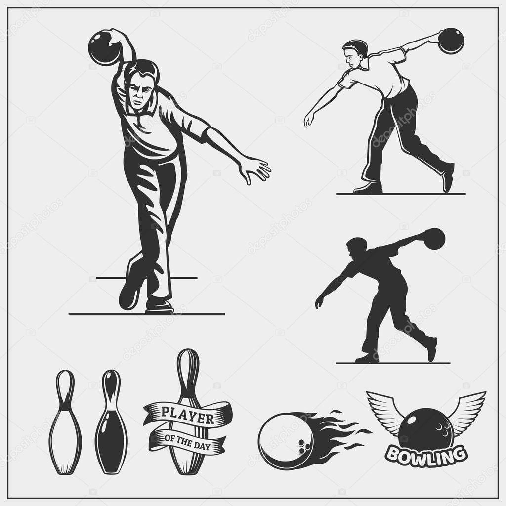 Set of bowling icons, emblems, labels, badges and design elements. Vector.