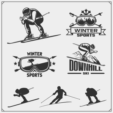 Kış sporları Amblemler, etiketleri ve tasarım öğeleri kümesi. Yokuş aşağı, slalom Kayak,.