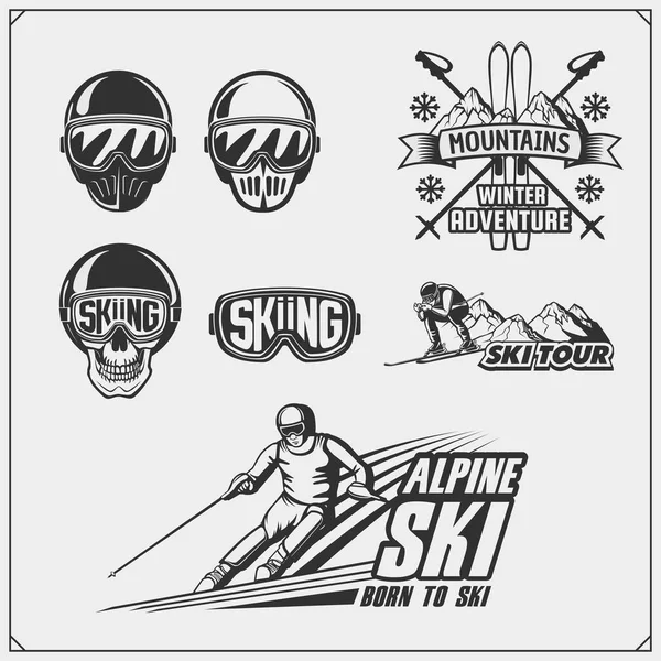 Set van wintersporten emblemen, etiketten en ontwerpelementen. Skiën, downhill, slalom. — Stockvector