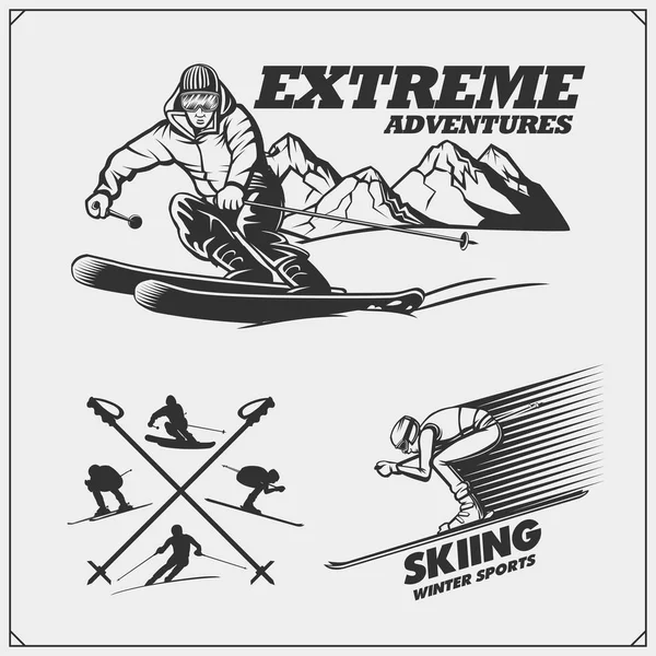Extreme Downhill en Ski club emblemen, etiketten en ontwerpelementen. — Stockvector