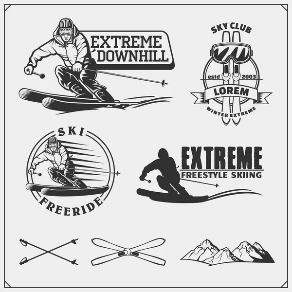 Extreme Downhill y los emblemas del club de esquí, etiquetas y elementos de diseño . — Vector de stock