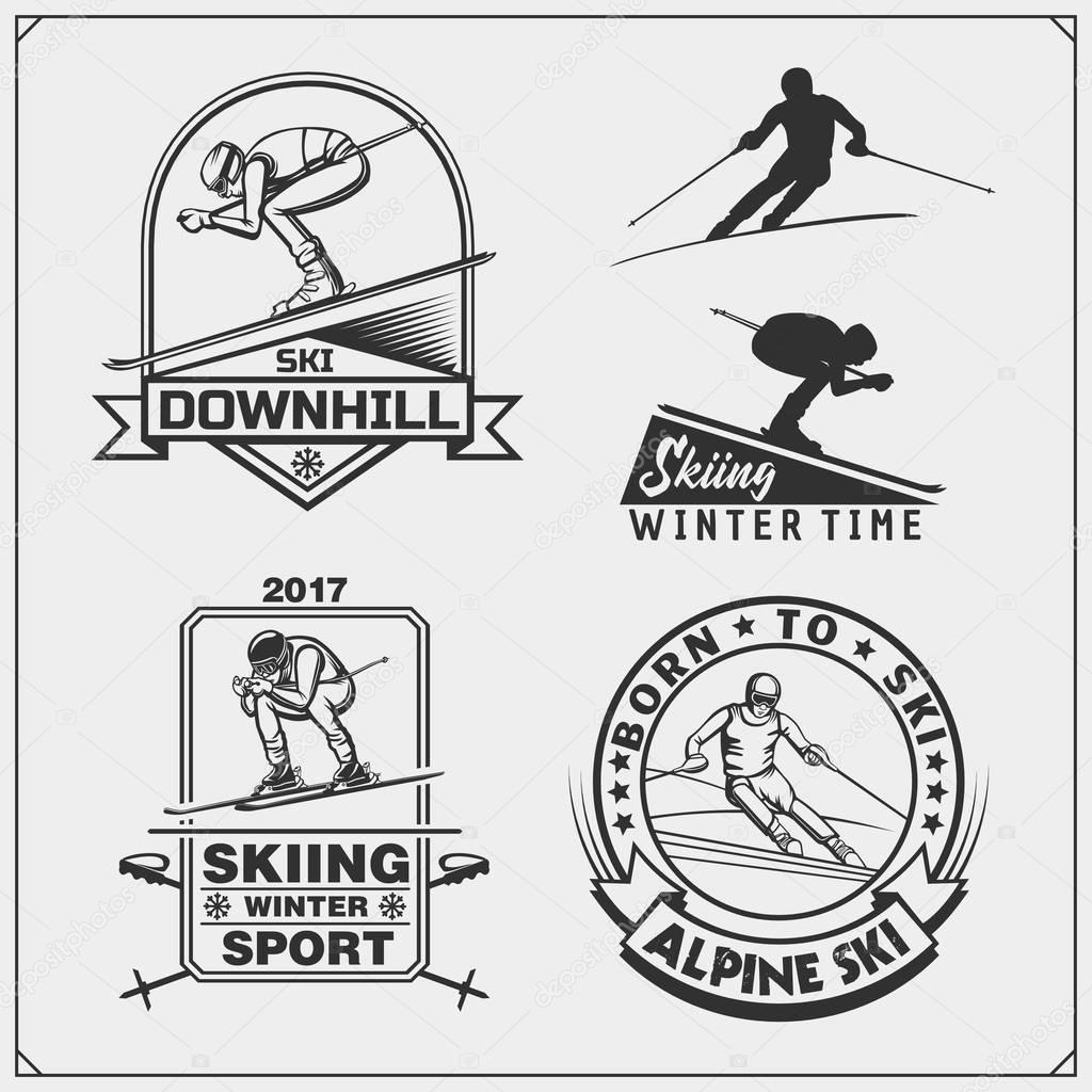 Set of winter sports emblems, labels and design elements. Skiing, downhill, slalom. Vector.