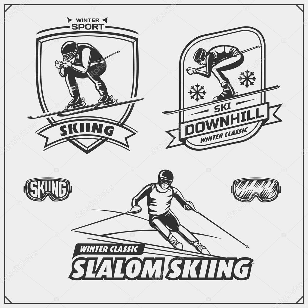 Set of winter sports emblems, labels and design elements. Skiing, downhill, slalom.
