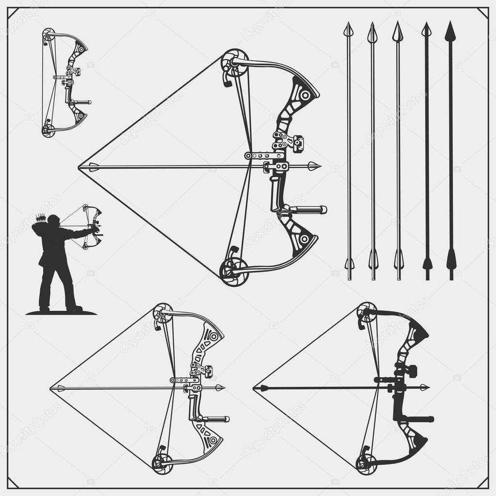 Set of archery sports emblems, labels and design elements. Vector illustration.