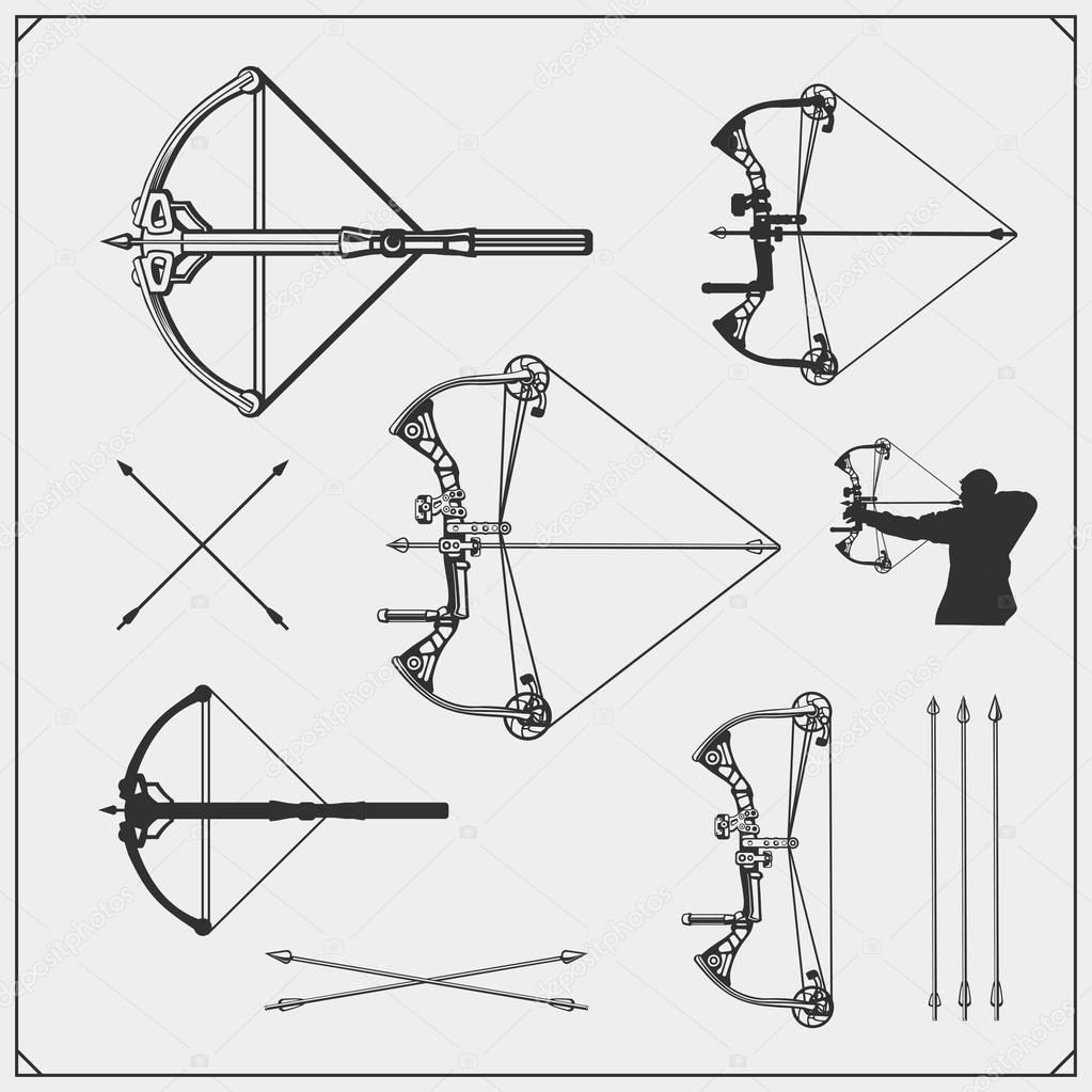 Set of archery sports emblems, labels and design elements. Vector illustration.