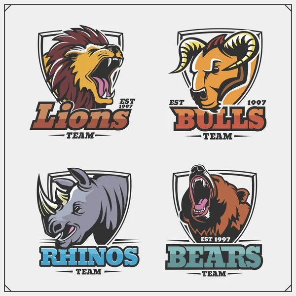 Conjunto Emblemas Con León Rinoceronte Oso Toro Para Equipo Deportivo — Vector de stock