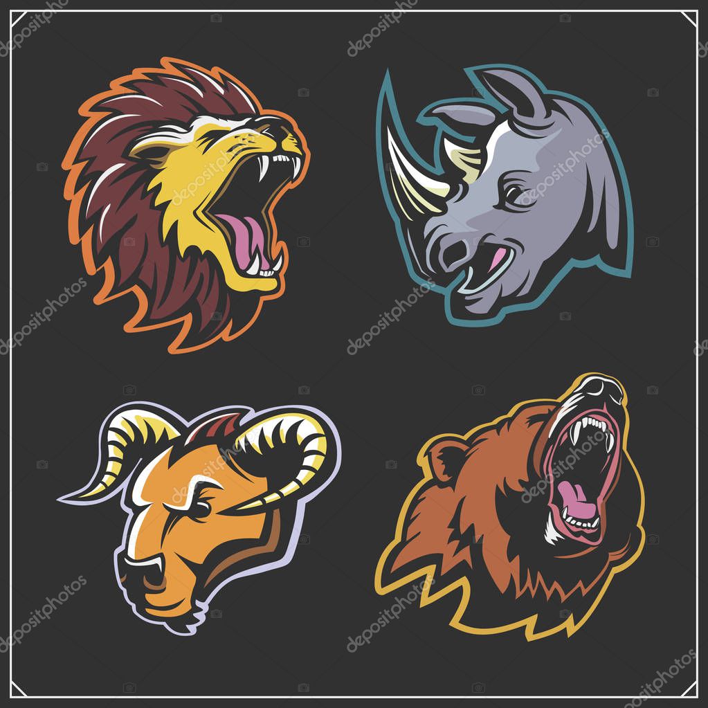 Set of emblems with lion, rhino, bear and bull.