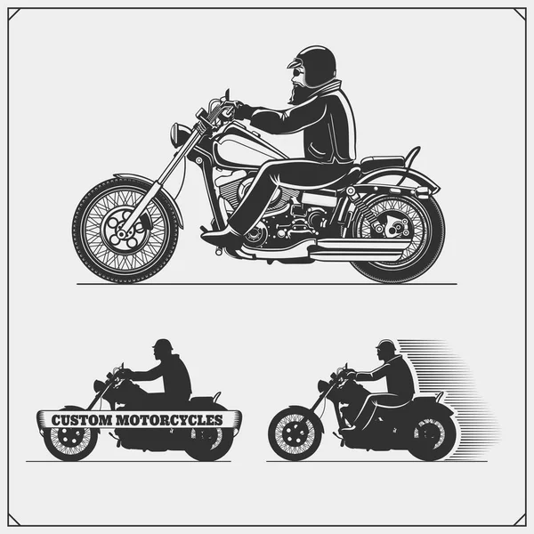 Conjunto Motocicletas Emblemas Del Club Motociclistas Estilo Vintage Diseño Monocromático — Vector de stock