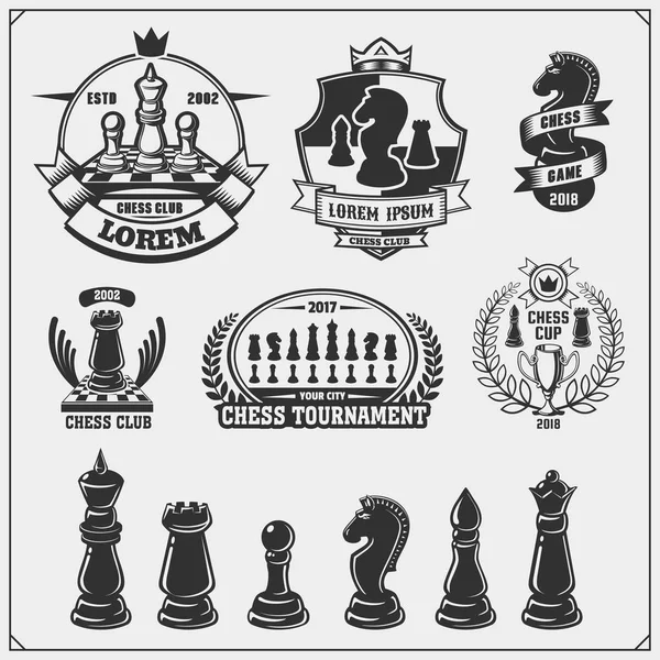 Aantal Labels Emblemen Pictogrammen Borden Voor Chess Toernooi Vectorillustratie — Stockvector