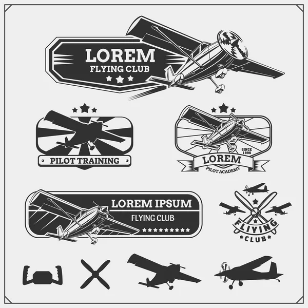 Ensemble Vectoriel Emblèmes Étiquettes Badges Éléments Conception Avions Hélicoptères — Image vectorielle