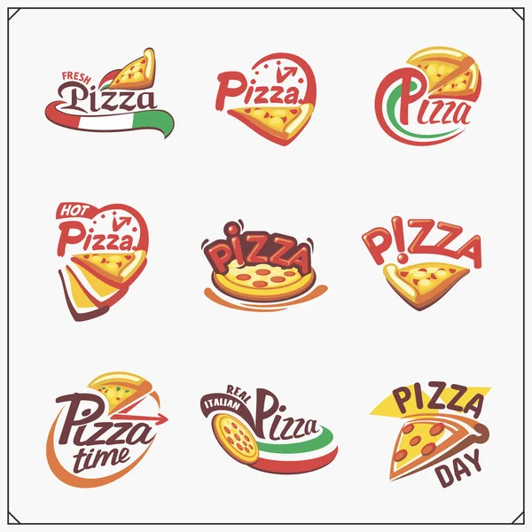 Zestaw Etykiet Pizza Odznaki Ikony Elementy Projektu Herby Dla Pizzeria — Wektor stockowy