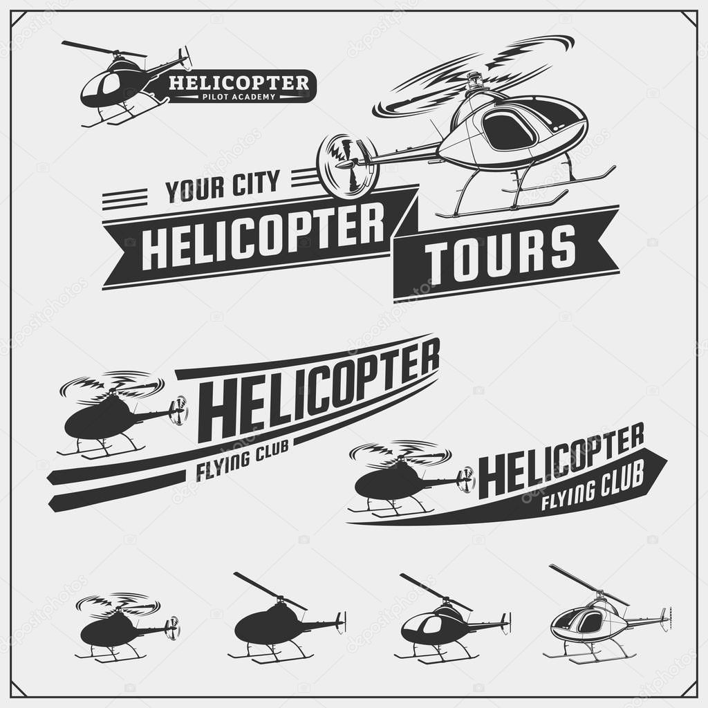 Set of helicopter emblems, labels, badges and design elements.