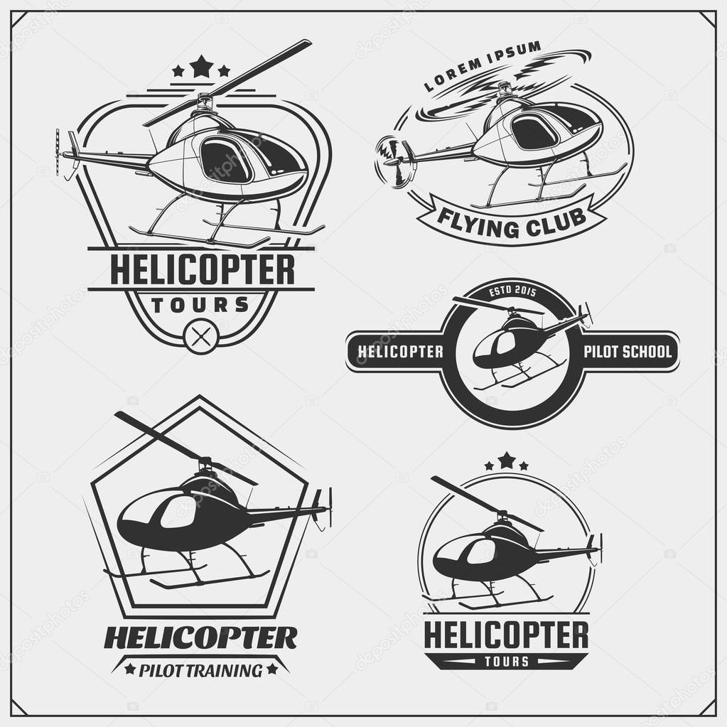 Set of helicopter emblems, labels, badges and design elements.