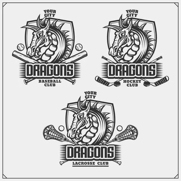 Logos Étiquettes Crosse Baseball Hockey Emblèmes Club Sportif Avec Dragon — Image vectorielle