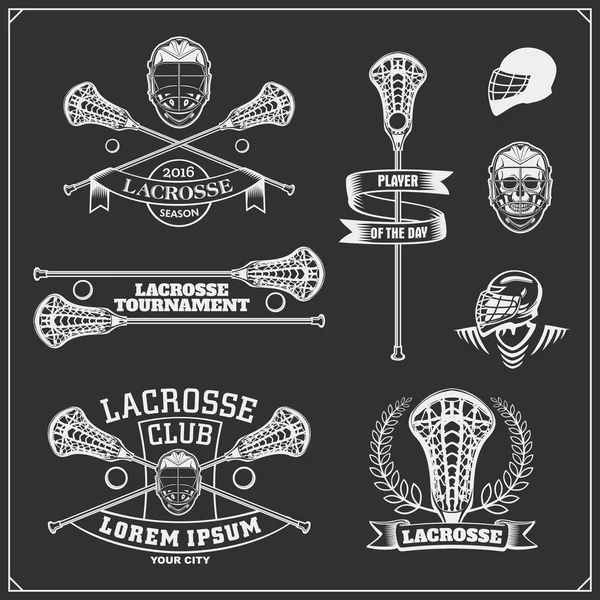 Lacrosse Club Labels Embleme Designelemente Und Silhouetten Der Spieler — Stockvektor