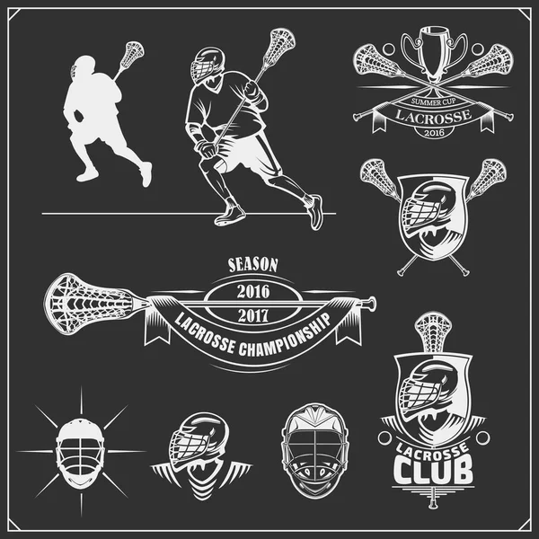 Lacrosse Club Labels Embleme Designelemente Und Silhouetten Der Spieler — Stockvektor